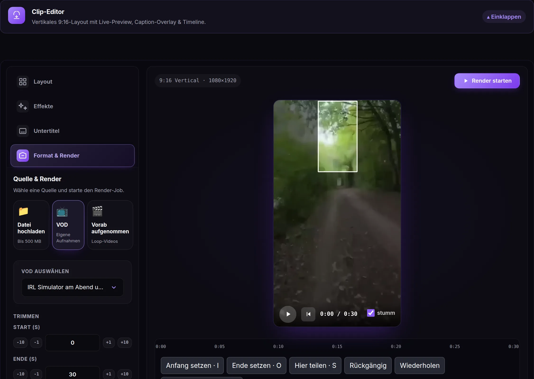 Clip editor with 9:16 preview and timeline